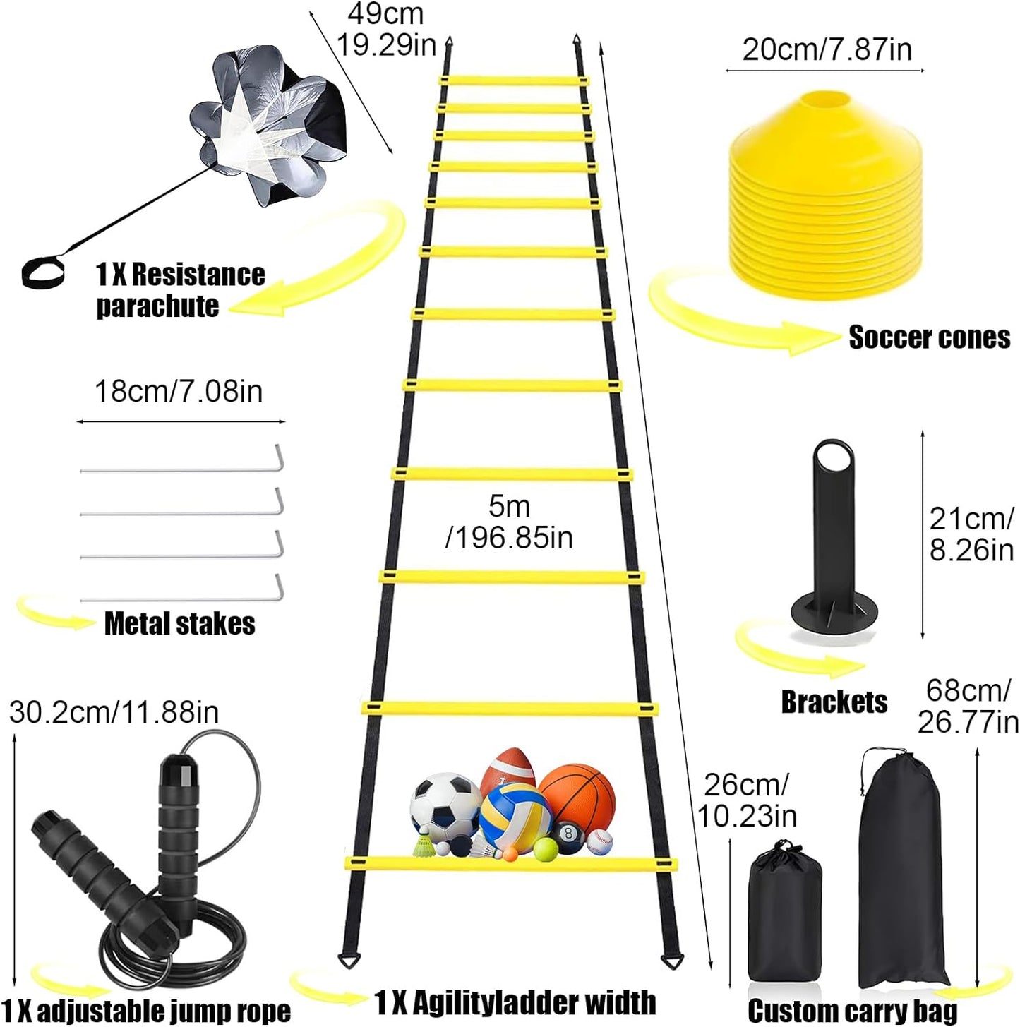 Agility Ladder,Speed Training Equipment Set,20Ft Rungs Speed Ladder,Soccer Cones,Jump Rope, Running Resistance Umbrella,Basketball Equipment Football Fitness Training Equipment for Kids Youth Adults