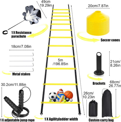 Agility Ladder,Speed Training Equipment Set,20Ft Rungs Speed Ladder,Soccer Cones,Jump Rope, Running Resistance Umbrella,Basketball Equipment Football Fitness Training Equipment for Kids Youth Adults