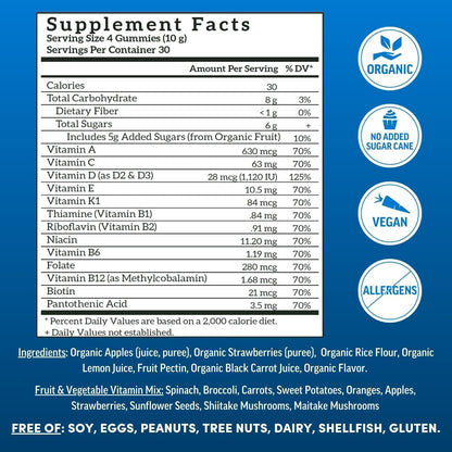 Multivitamin for Men, Vegan, Organic Gummies with Vitamin D, C and K, Men'S Real Fruit Gummy Vitamins, Chewable Multivitamin Supplement, No Added Sugar Cane, Strawberry, 120 Ct