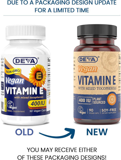 Vegan Vitamins Natural Vitamin E 400IU with Mixed Tocopherols, Supports Immune System & Skin Nutrition, Natural Antioxidant & Gluten Free, Dairy Free, Non-Gmo, 90 Capsules