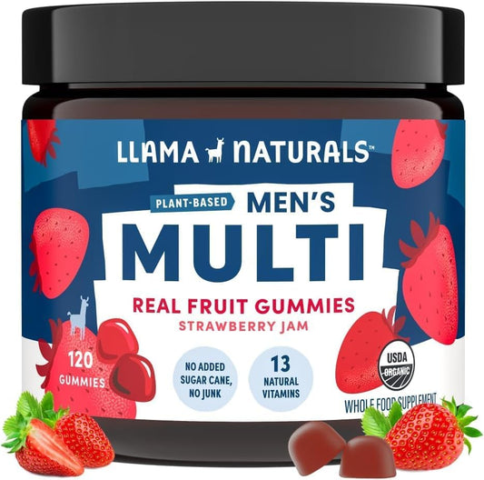 Multivitamin for Men, Vegan, Organic Gummies with Vitamin D, C and K, Men'S Real Fruit Gummy Vitamins, Chewable Multivitamin Supplement, No Added Sugar Cane, Strawberry, 120 Ct