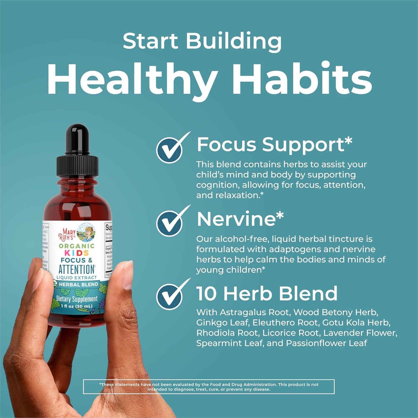 Kids Brain Supplements for Memory and Focus, USDA Organic Drops with Ginkgo Biloba, Rhodiola Root & Licorice Root, Focus & Attention, Calm, Vegan, Non-Gmo, Gluten Free, 30 Servings