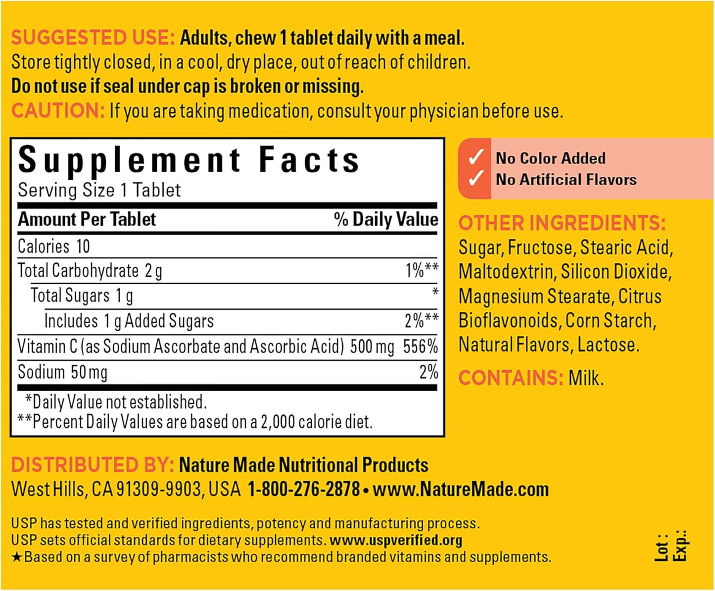 Chewable Vitamin C 500 Mg, Dietary Supplement for Immune Support, 60 Tablets, 60 Day Supply