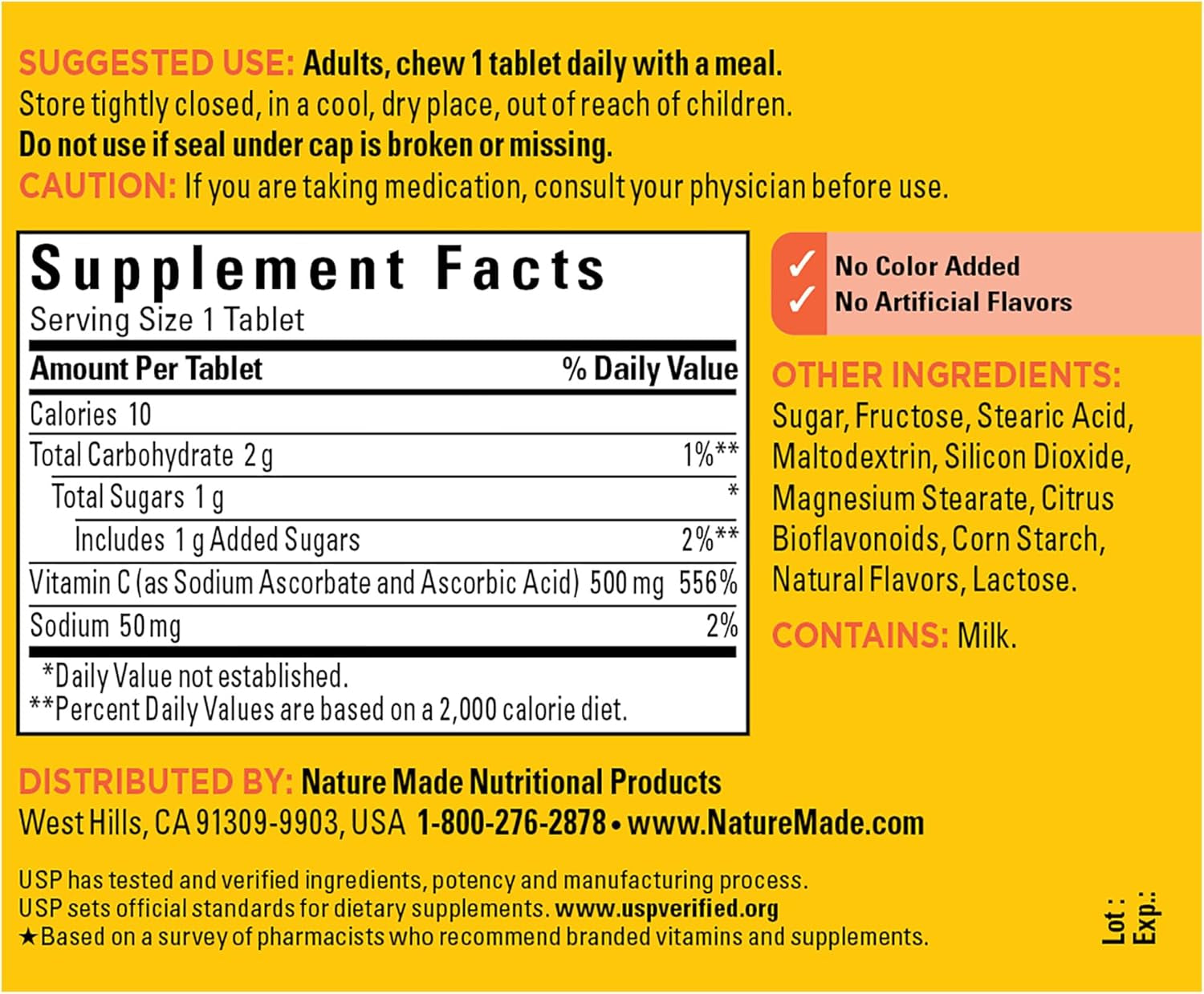 Chewable Vitamin C 500 Mg, Dietary Supplement for Immune Support, 60 Tablets, 60 Day Supply