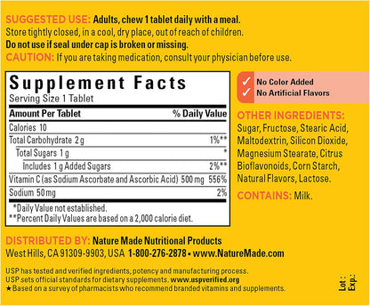 Chewable Vitamin C 500 Mg, Dietary Supplement for Immune Support, 60 Tablets, 60 Day Supply
