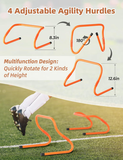 Agility Ladder,Football Training Equipment Set,4 Agility Hurdles, 20 Feet12 Rungs Speed Ladder,12 Disc Cones,Resistance Parachute, Jump Rope, 4 Resistance Bands