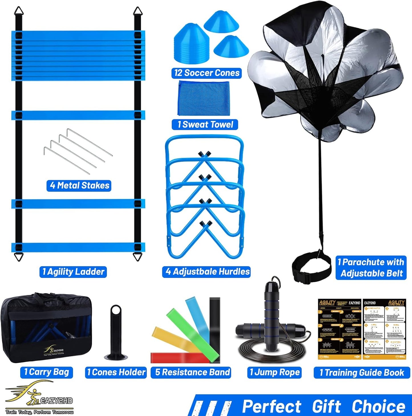 Speed Agility Training Set- Agility Ladder,12 Cones, 4 Adjustable Hurdles,Parachute, Exercise Workout Equipment Boost Fitness & Increase Quick Footwork