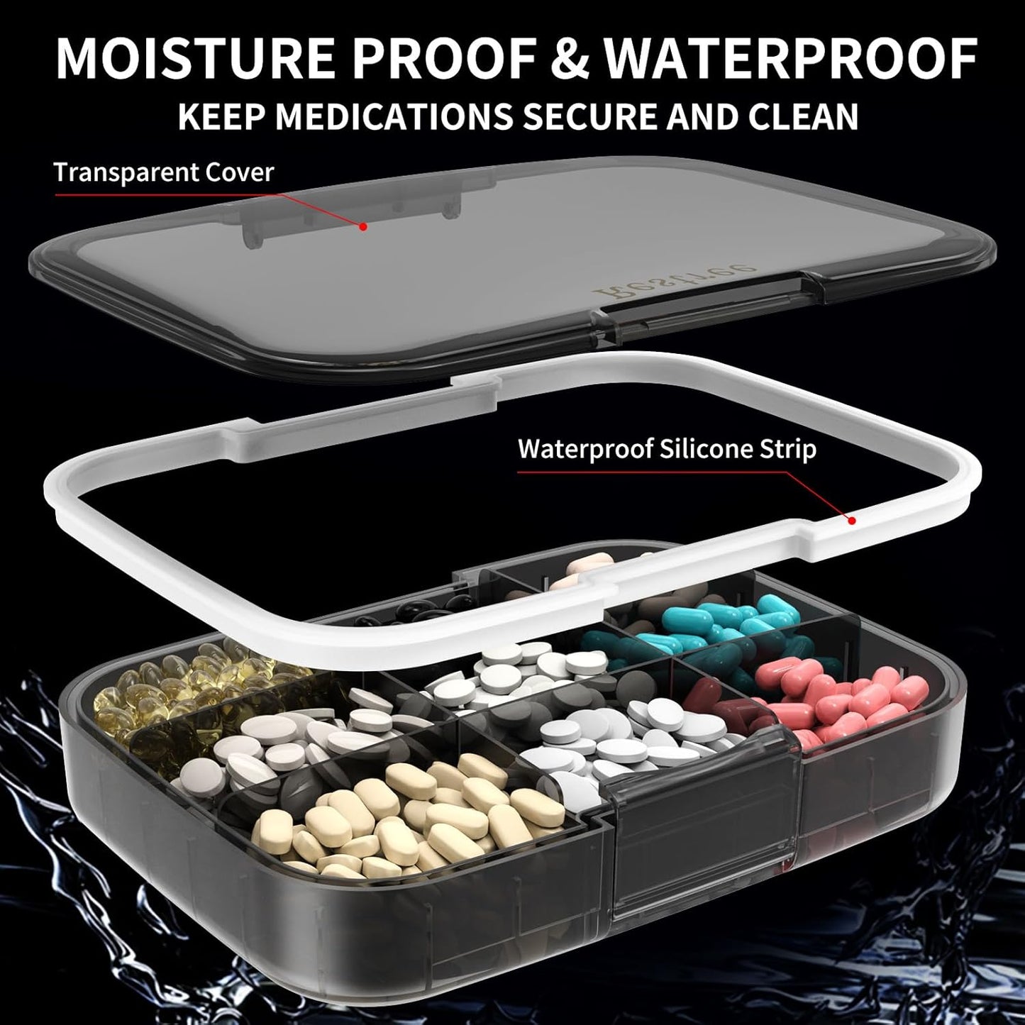 Large Pill Organizer, Daily Pill Box, Portable Medicine Dispenser, Moisture-Proof Travel Pill Case for Vitamin, Medicine, Fish Oil/Supplements 9 Compartments (Black)