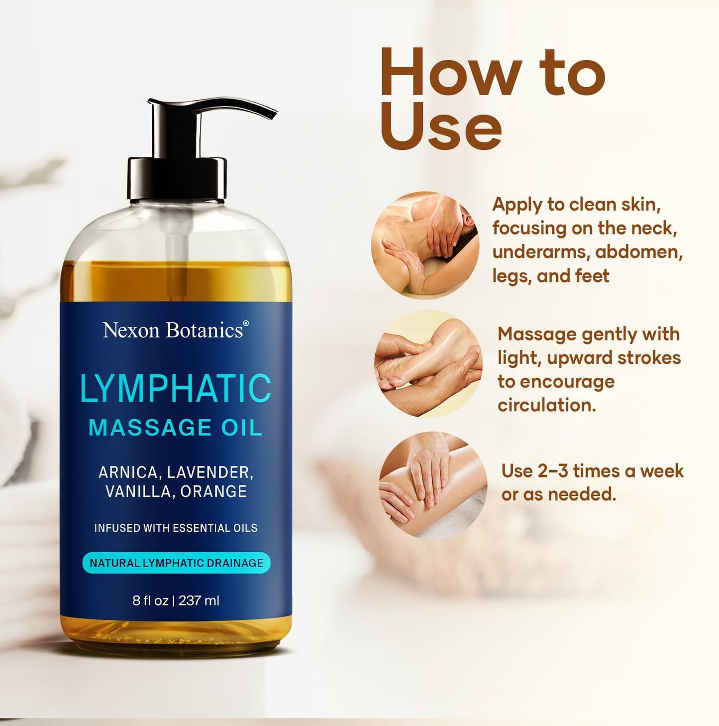 Lymphatic Drainage Massage Oil 8 Fl Oz - Facial Lymphatic Massage - Relaxes Muscles & Reduces Puffiness - Arnica, Lavender, Vanilla & Orange -
