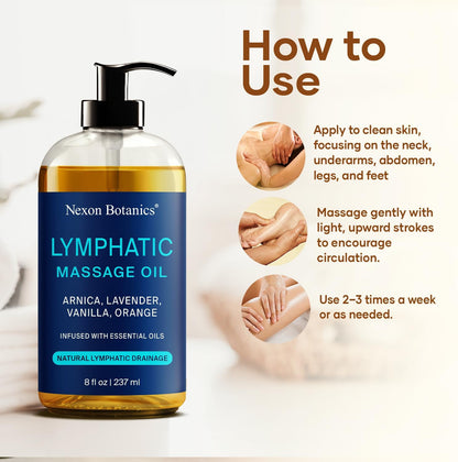 Lymphatic Drainage Massage Oil 8 Fl Oz - Facial Lymphatic Massage - Relaxes Muscles & Reduces Puffiness - Arnica, Lavender, Vanilla & Orange -