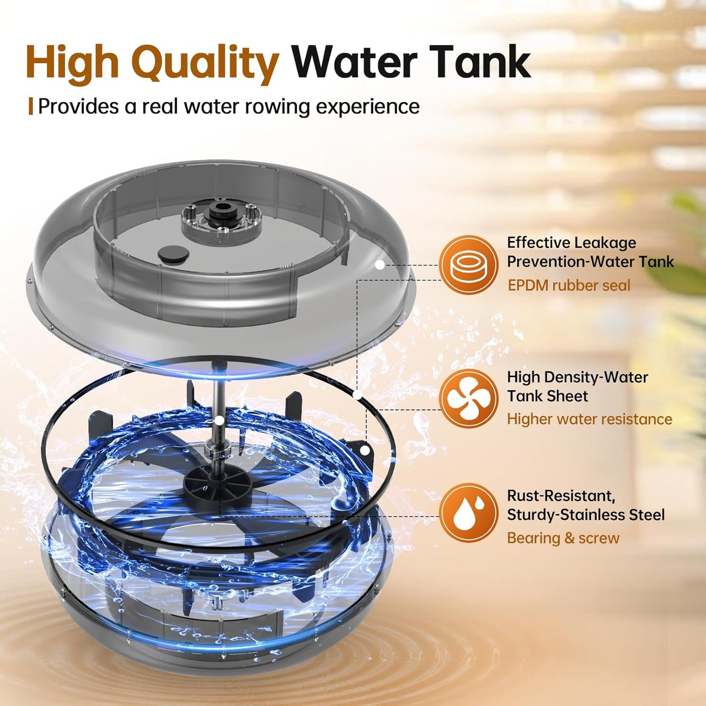 Water Rowing Machines for Home, Rower Machine with 12 Propellers & 28L Large Water Tank, 6-Level Resistance, with Multifunctional Display and Adjustable Stand, Max Load 330LBS