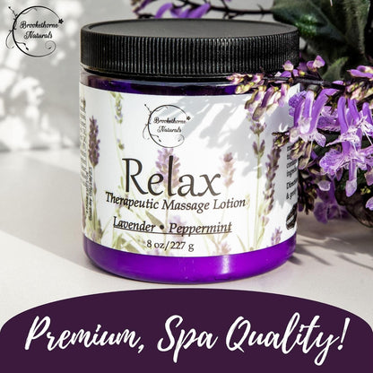 Relax Therapeutic Massage Lotion – All Natural Enriched with Lavender & Peppermint Essential Oils Perfect for Massage Therapy - Massage Cream for Full Body Massage -  8Oz