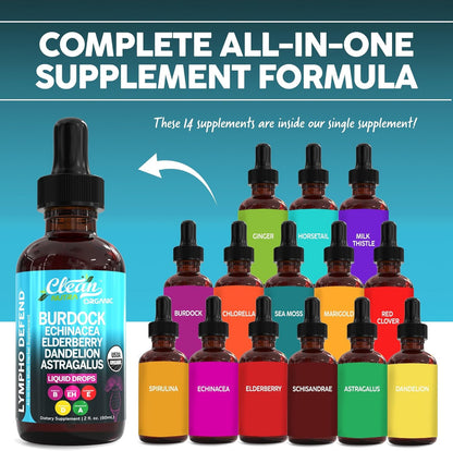 Organic Lymphatic Drainage Supplement | Lymphatic Support Drops | Burdock Root Echinacea Elderberry Dandelion Astragalus Milk Thistle Sea Moss Red Clover Cleanse Marigold Drop by Clean Nutra