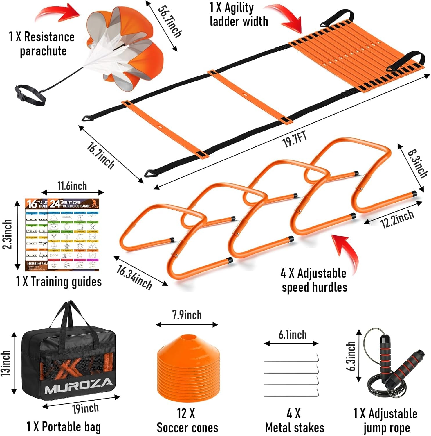 Agility Ladder Speed Training Equipment Set-20Ft Agility Ladder,12 Soccer Cones,4 Hurdles, Jump Rope, Running Parachute, Basketball Football Soccer Training Equipment for Kids, Youth, Adults