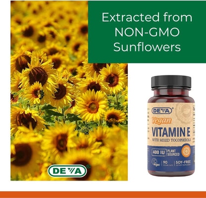 Vegan Vitamins Natural Vitamin E 400IU with Mixed Tocopherols, Supports Immune System & Skin Nutrition, Natural Antioxidant & Gluten Free, Dairy Free, Non-Gmo, 90 Capsules
