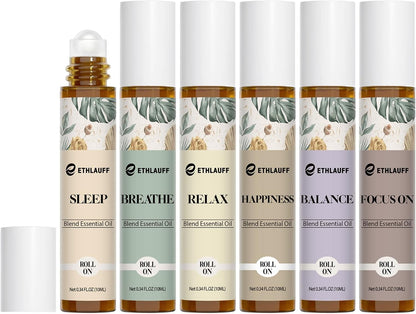 Essential Oils Roll on Set 6 Pack - (Relax, Sleep, Balance,Breathe, Focus On, Happiness) Aromatherapy Oil with Roller Ball, Essential Oils Blends for Skin - Relaxation Gift for Women and Men