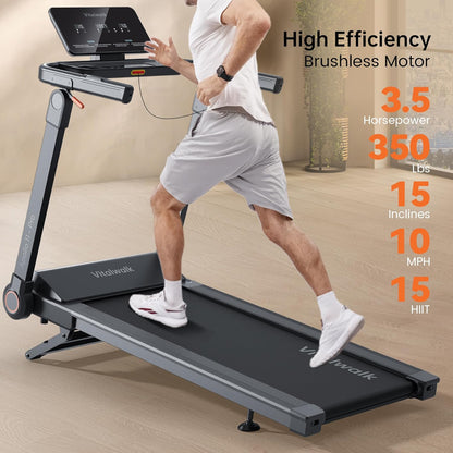 Foldable Treadmill with 15% Auto Incline & 10MPH - Commercial 3.5HP Brushless Quiet, 18"X48" Wide Running Deck, Walking Pad Treadmill for Home Gym Office, 350Lbs Capacity, APP - No Installation
