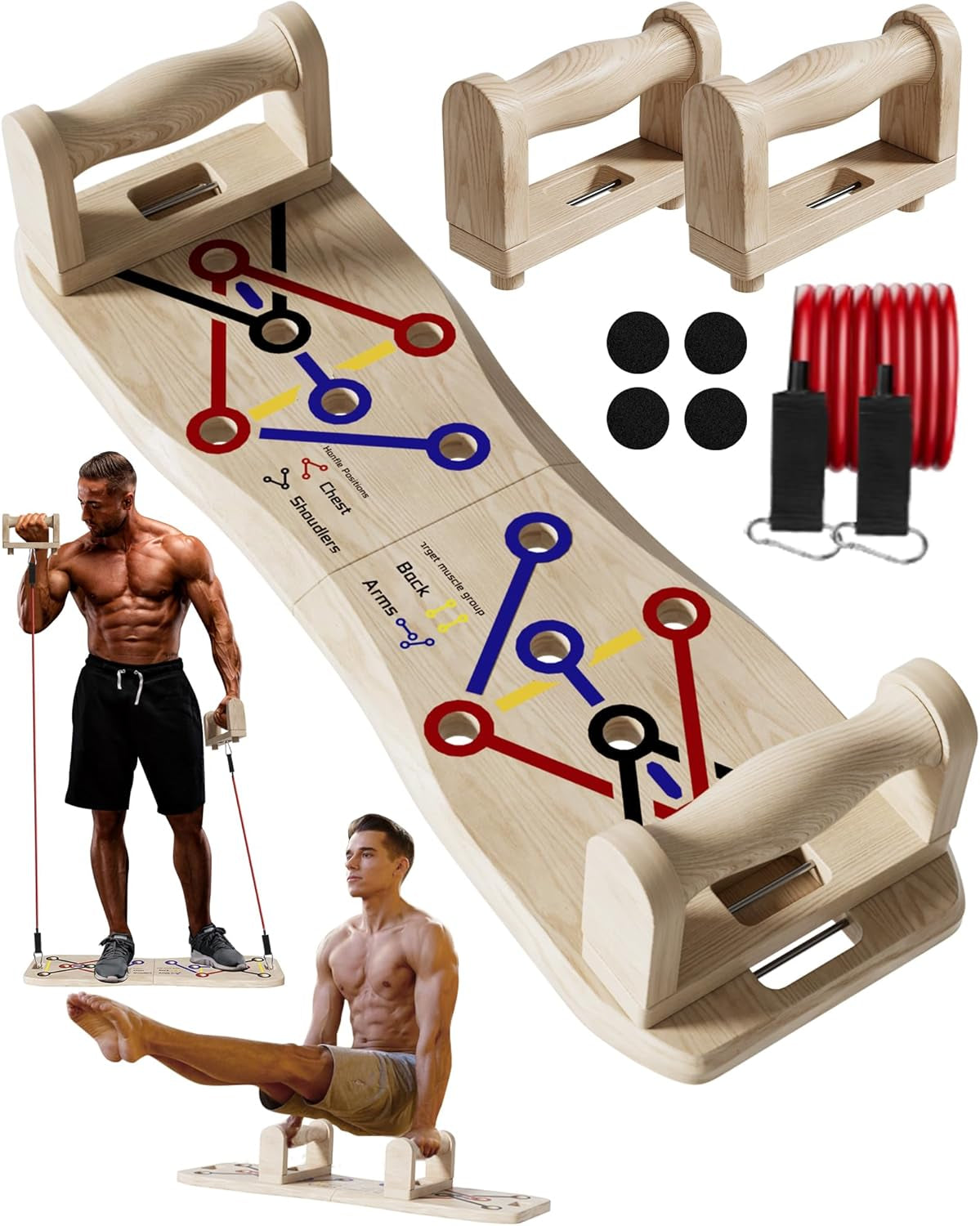Foldable Push up Board with Resistance Bands- Eco-Friendly Wooden Multi-Functional Portable Push up Bar for Fitness, Professional Strength Training Equipment for Men & Women at Home Gym