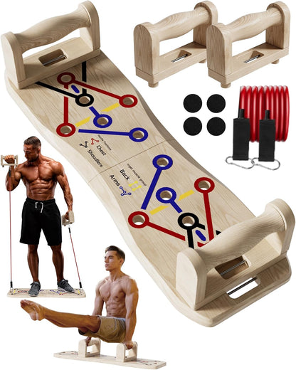 Foldable Push up Board with Resistance Bands- Eco-Friendly Wooden Multi-Functional Portable Push up Bar for Fitness, Professional Strength Training Equipment for Men & Women at Home Gym