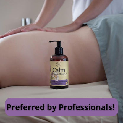 Calm Massage Oil for Massage Therapy with Lavender & Chamomile Essential Oils to Relax Sore Muscles | All Natural with Coconut, Grapeseed & Jojoba for Smooth Skin |  8Oz