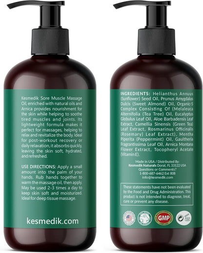 Sore Muscle Massage Oil for Massage Therapy | Arnica, Eucalyptus & Tea Tree Oil Blend for Deep Muscle Relief & Recovery, Softens Skin & anti Cellulite Care – Professional & Home Use (2-Pack)