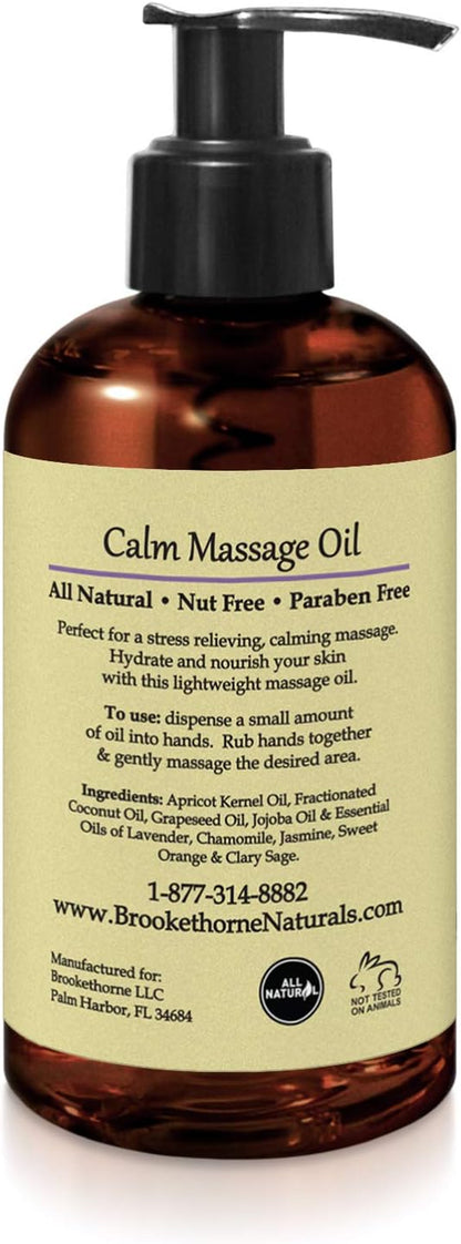 Calm Massage Oil for Massage Therapy with Lavender & Chamomile Essential Oils to Relax Sore Muscles | All Natural with Coconut, Grapeseed & Jojoba for Smooth Skin |  8Oz