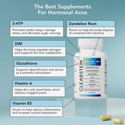 - MINDBODYSKIN Hormonal Acne Supplement (5-HTP) - Natural DIM Supplement - Skin Care Vitamins - Hormone Balance, Antioxidants - Vegan, Gluten Free, Cruelty Free - 30 Servings, 90 Capsules