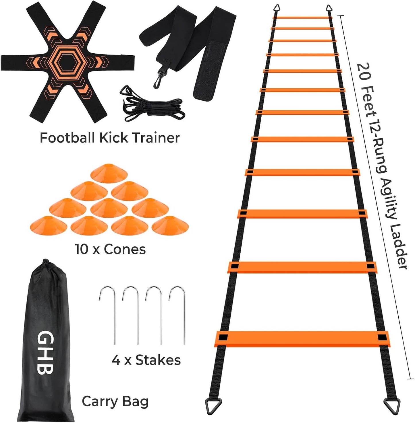 Pro Agility Ladder Soccer Kick Trainer Set 20Ft 12 Rung 10 Cones and 4 Stakes Speed Agility Football Training Equipment with Carrying Bag