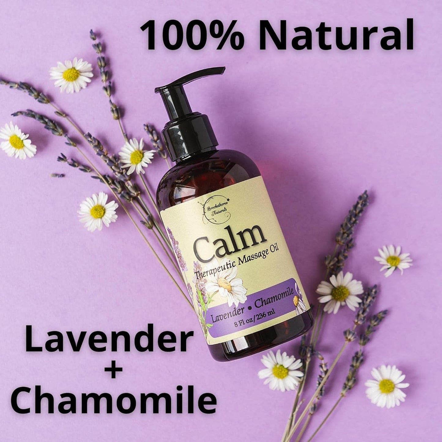 Calm Massage Oil for Massage Therapy with Lavender & Chamomile Essential Oils to Relax Sore Muscles | All Natural with Coconut, Grapeseed & Jojoba for Smooth Skin |  8Oz