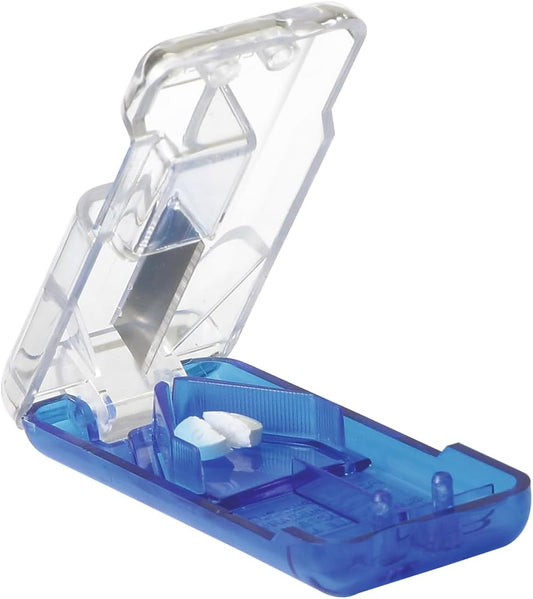 Pill Cutter and Splitter with Built-In Pill Dispenser, Easy-Cut Stainless Steel Blade for Tablets, Vitamins, Medication, Portable, Travel-Size Pill Cutter for Seniors, Pets & Daily Use, Blue