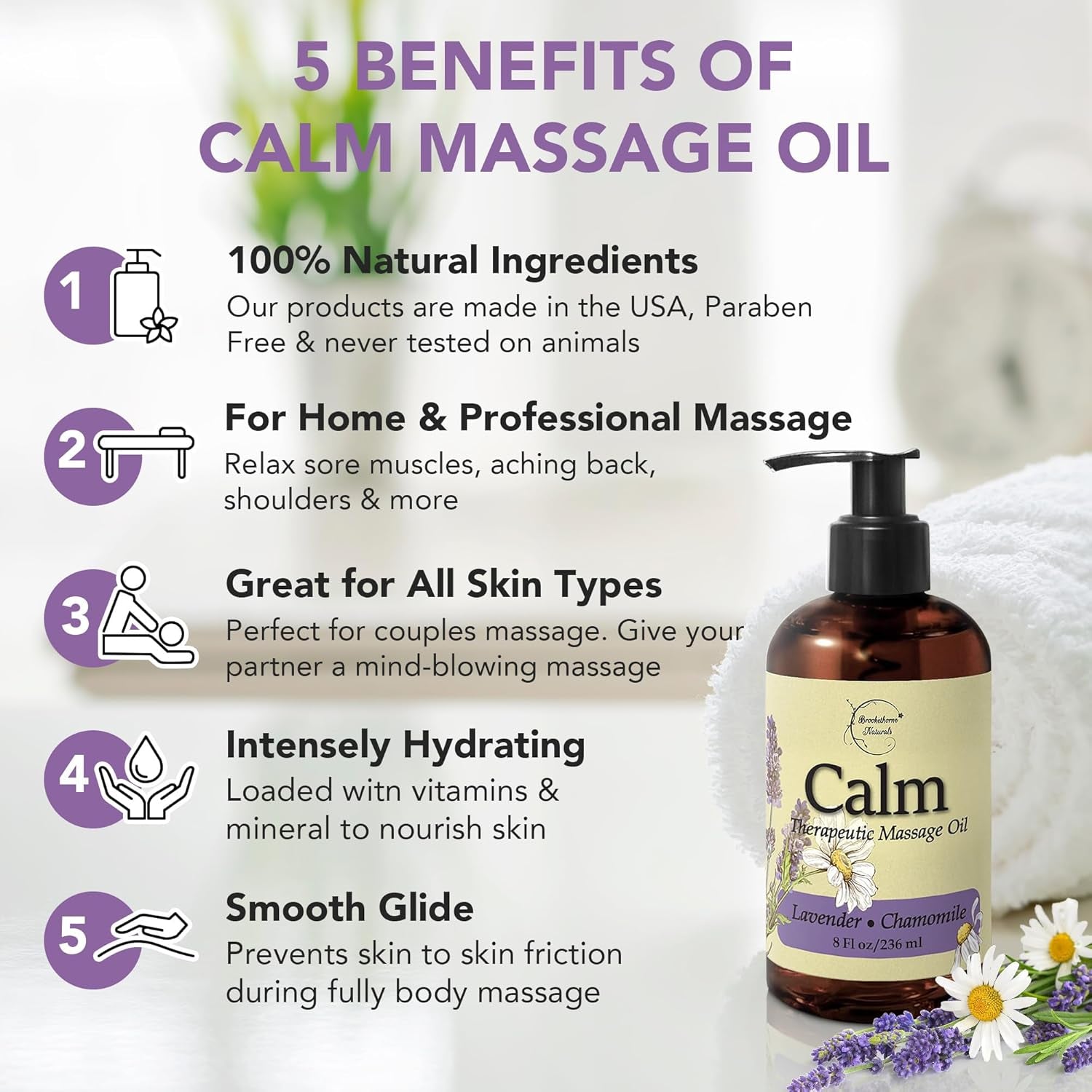 Calm Massage Oil for Massage Therapy with Lavender & Chamomile Essential Oils to Relax Sore Muscles | All Natural with Coconut, Grapeseed & Jojoba for Smooth Skin |  8Oz