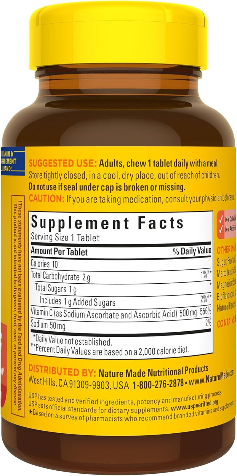 Chewable Vitamin C 500 Mg, Dietary Supplement for Immune Support, 60 Tablets, 60 Day Supply