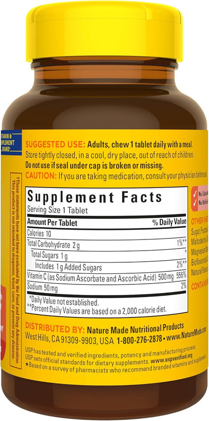 Chewable Vitamin C 500 Mg, Dietary Supplement for Immune Support, 60 Tablets, 60 Day Supply