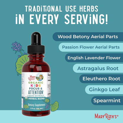 Kids Brain Supplements for Memory and Focus, USDA Organic Drops with Ginkgo Biloba, Rhodiola Root & Licorice Root, Focus & Attention, Calm, Vegan, Non-Gmo, Gluten Free, 30 Servings