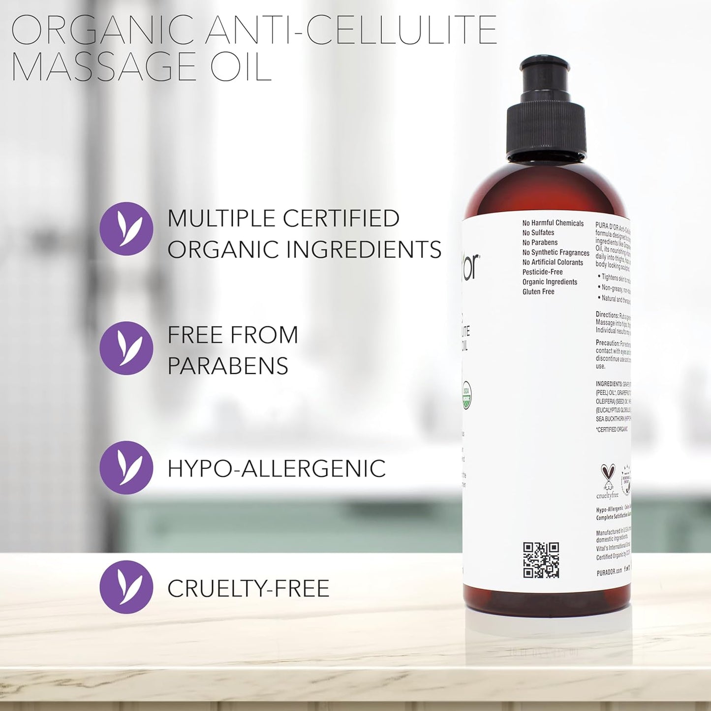16 Oz Organic Anti-Cellulite Massage Oil - Lemon Peel, Moringa, Grape Seed, Grapefruit & Eucalyptus Oils - Skin Firming & Tightening for Active Individuals & Aging Adults
