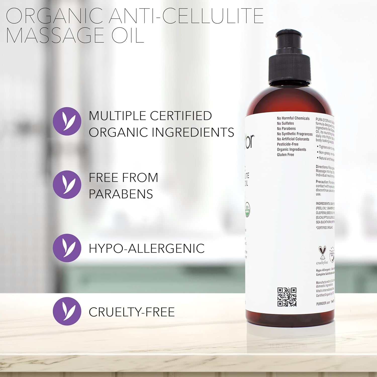 16 Oz Organic Anti-Cellulite Massage Oil - Lemon Peel, Moringa, Grape Seed, Grapefruit & Eucalyptus Oils - Skin Firming & Tightening for Active Individuals & Aging Adults