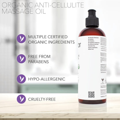 16 Oz Organic Anti-Cellulite Massage Oil - Lemon Peel, Moringa, Grape Seed, Grapefruit & Eucalyptus Oils - Skin Firming & Tightening for Active Individuals & Aging Adults