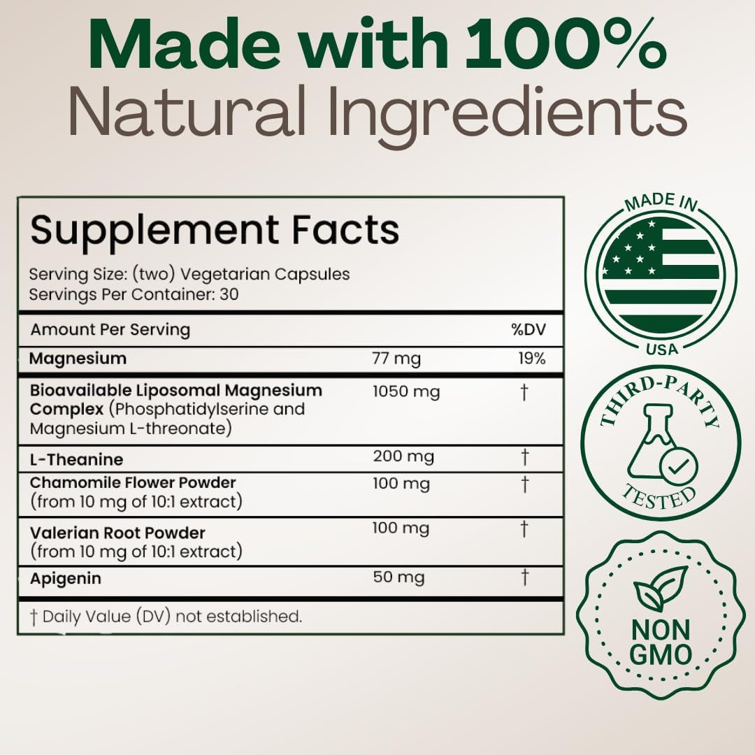 MAGPLUS+ Magnesium L-Threonate Supplement – Liposomal High Absorption with Apigenin & L-Theanine – Deep Sleep, Calm Mood, Brain & Memory Support