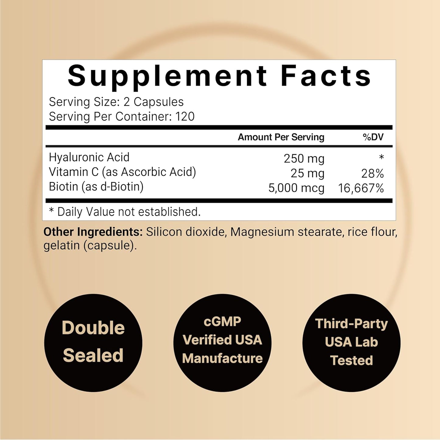 Hyaluronic Acid Supplements 250Mg | 240 Capsules, with Biotin 5000Mcg & Vitamin C 25Mg, 3 in 1 Support - Skin Hydration, Joint Lubrication, Hair and Eye Health