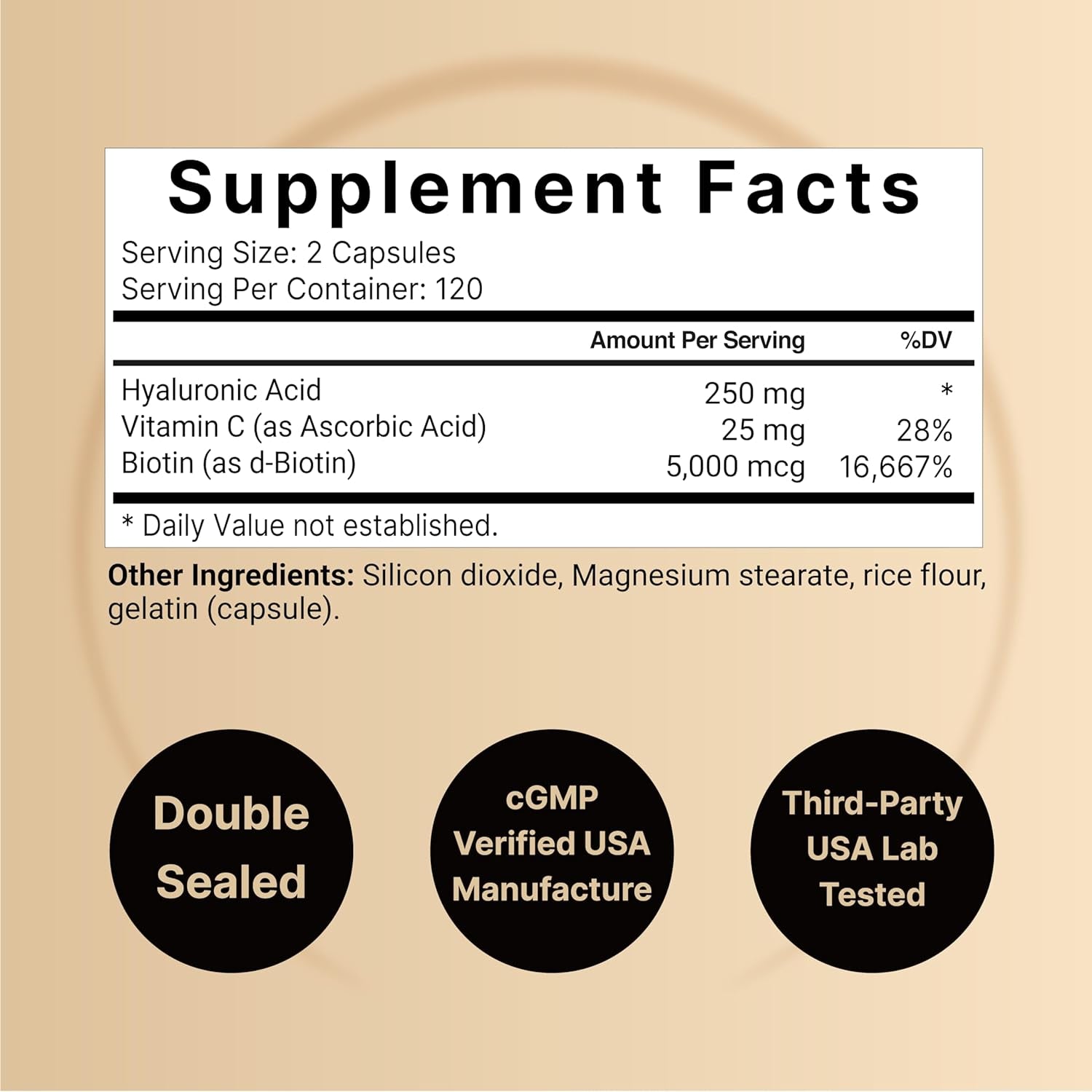 Hyaluronic Acid Supplements 250Mg | 240 Capsules, with Biotin 5000Mcg & Vitamin C 25Mg, 3 in 1 Support - Skin Hydration, Joint Lubrication, Hair and Eye Health